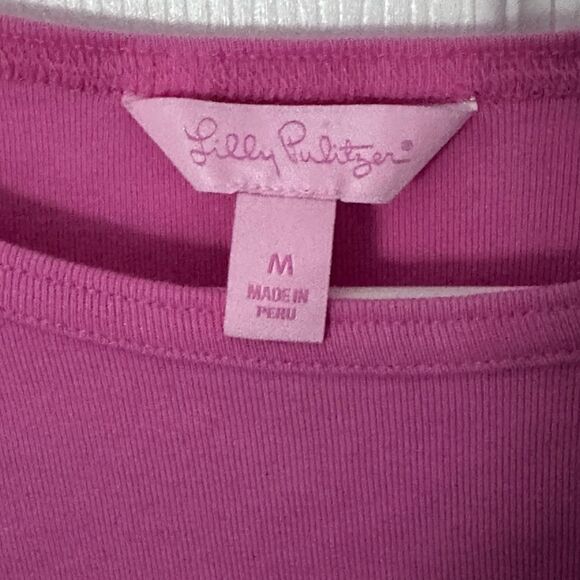 Lilly Pulitzer Womens 3/4 Sleeve Shirt Crewneck Gold Button Logo Pepto Pink Med - Picture 3 of 6